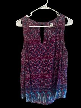 Old Navy Sleeveless Boho Print Top Keyhole Back Burgundy Blue Size L